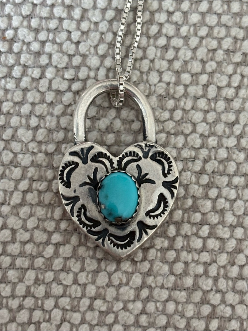 Silver Heart Padlock Necklace with Turquoise Stone - Picture 3 of 3